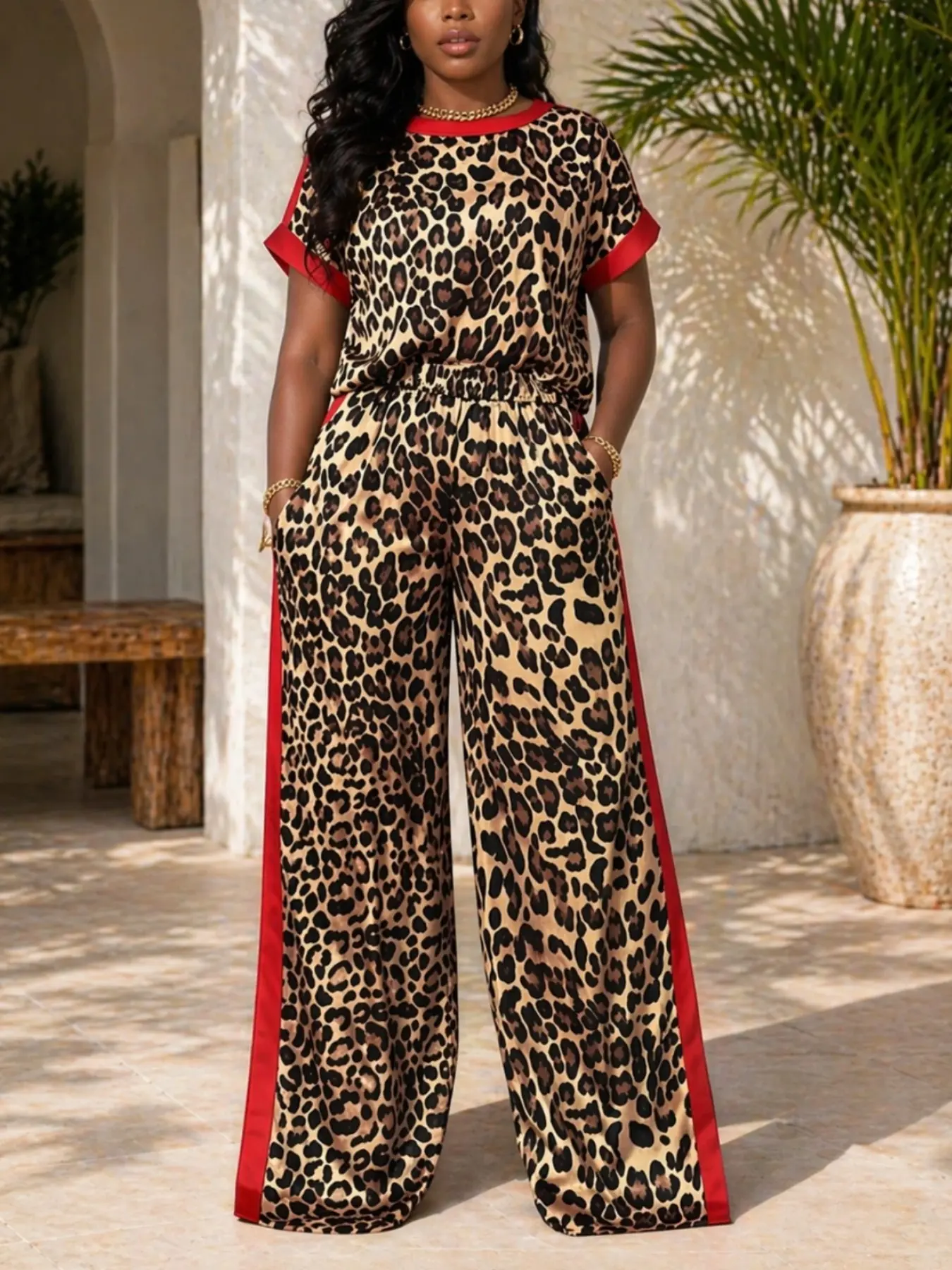 Leopard Print Set, Women Animal Print, Casual Loose-Fit T-Shirt + Split Leg Pants, Comfortable and Stylish, Perfect for Daily Wear and Leisure Activities