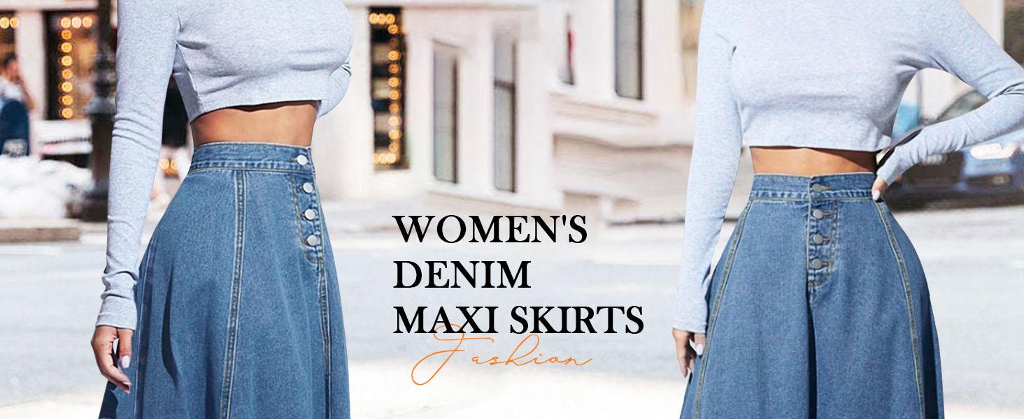 Ebossy Women's Retro High Waisted Button Fly Flared Long Jean Skirts Pleated Flowy Swing A-line Denim Maxi Skirts Ebossy Women's Retro High Waisted Button Fly Flared Long Jean Skirts Pleated Flowy Swing A-line Denim Maxi Skirts