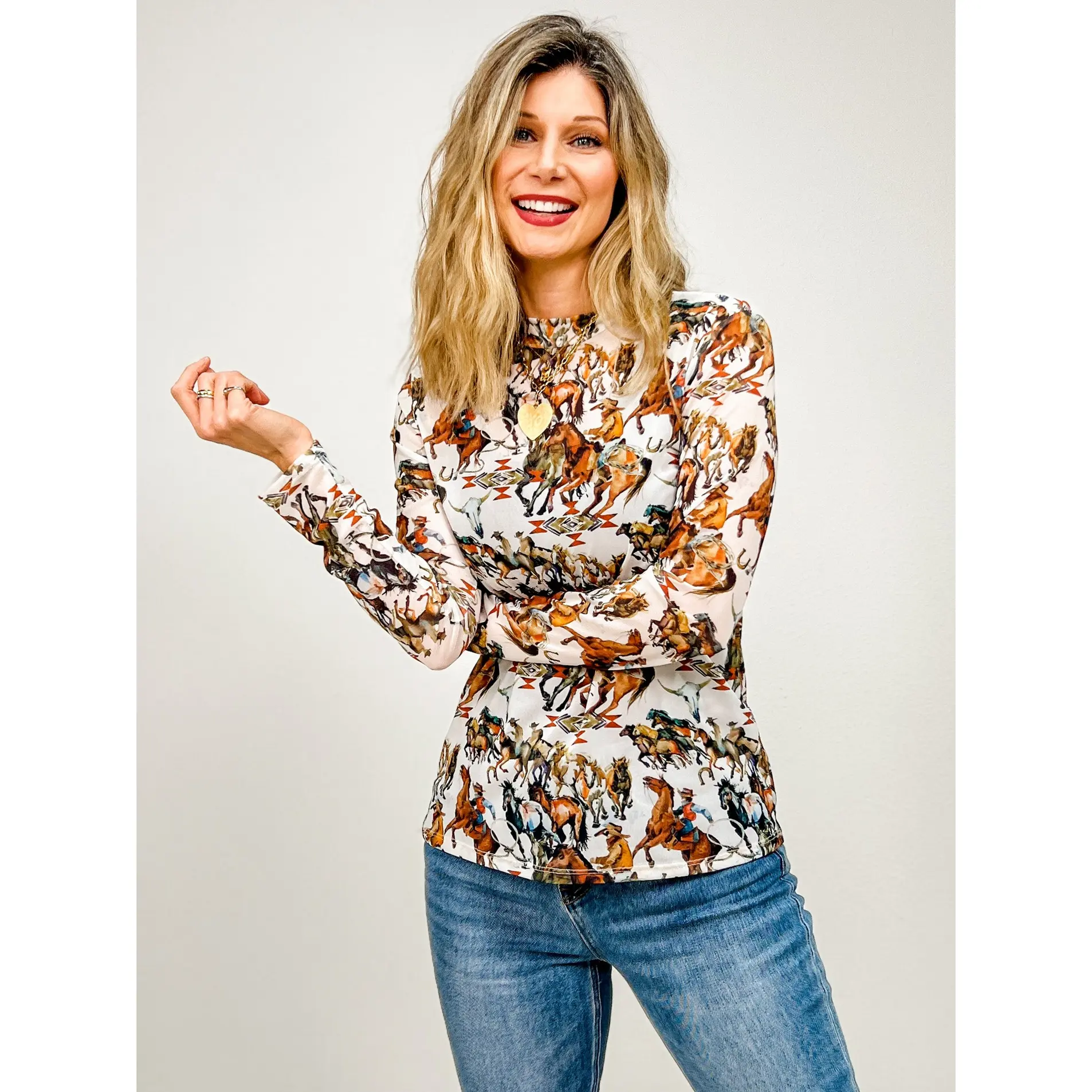 Western Cowboy Print Semi Sheer Mesh Top