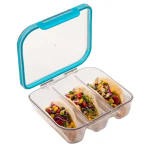 MyGo Pro Rectangular Taco Container, 3-Compartment Clear Tritan Plastic Taco Holder, Portable Sleek Design, Spill-Resistant with Removable Gasket, 6.375" L X7.5" W X 2.75" H, Dishwasher Safe