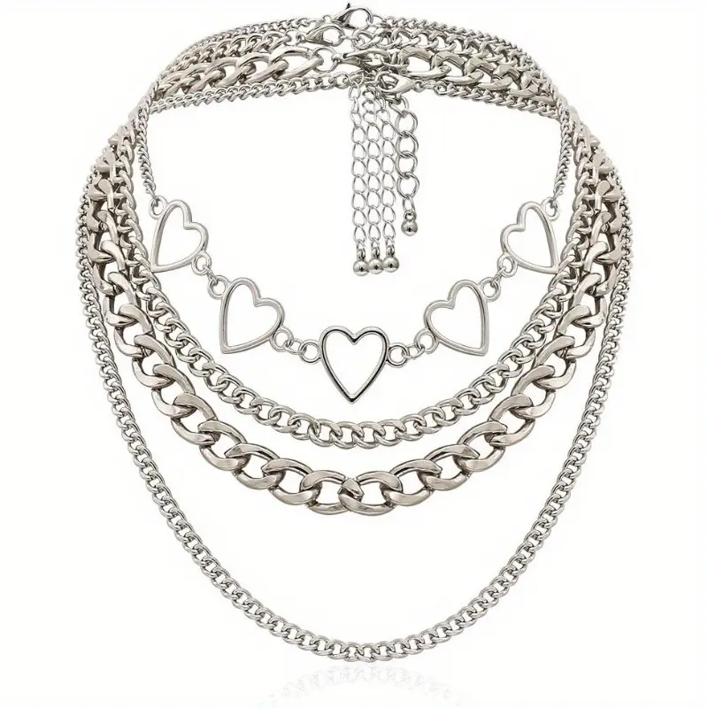 Women's 4-Piece Bold Punk Choker Stack - Hollow Heart, Chunky, Edgy Chain Accessory for Fashion Costume Jewelry, Necklace Stack, Chunky Necklaces, Chain Accessory Necklaces