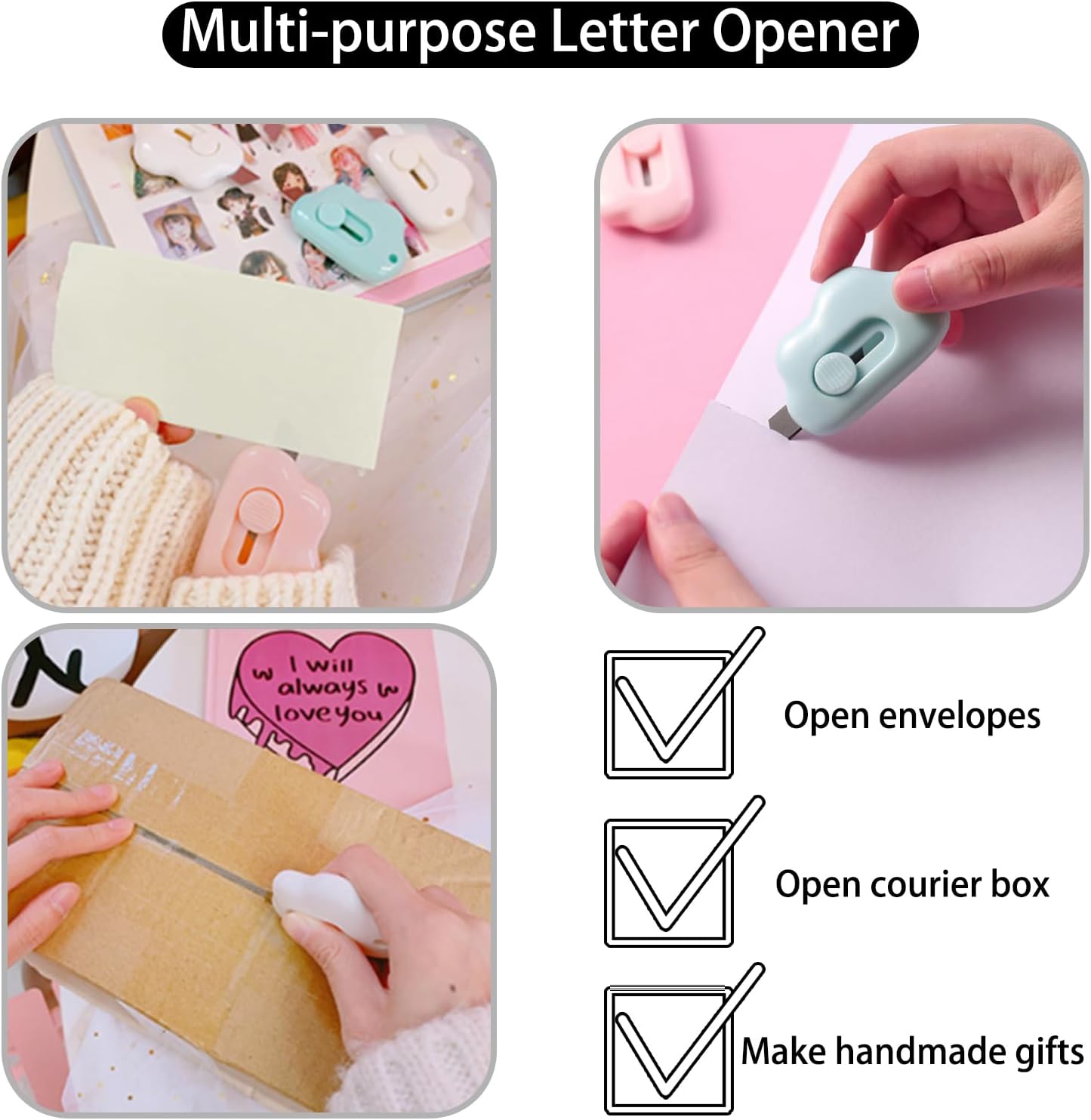 Box Cutter Retractable, 3 Pack Retractable Letter Opener, Adorable Cloud Tiny Letter Opener Envelope Slitter for Key Chain Pocket Bag Package Envelope Mail Letter Box