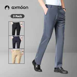 Gymoon 3 Pack Men's Slim-Fit Formal Dress Pants High-Quality Thin-style Wrinkle-Resistant for Business & Formal Events Polished Black Polished Black Menswear Trouser Beige Plain Fabric Stylish tiktok shop deals