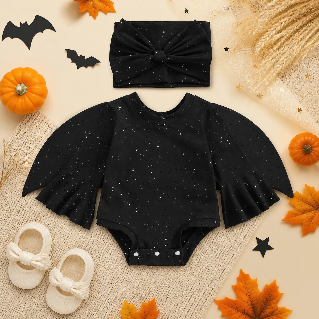 Baby Girl Sparkling Star Batwing 2-Piece Set - Long-Sleeved Halloween Costume Onesie with Bow Headband, Newborn Party Photo Outfit, 0-24 Months