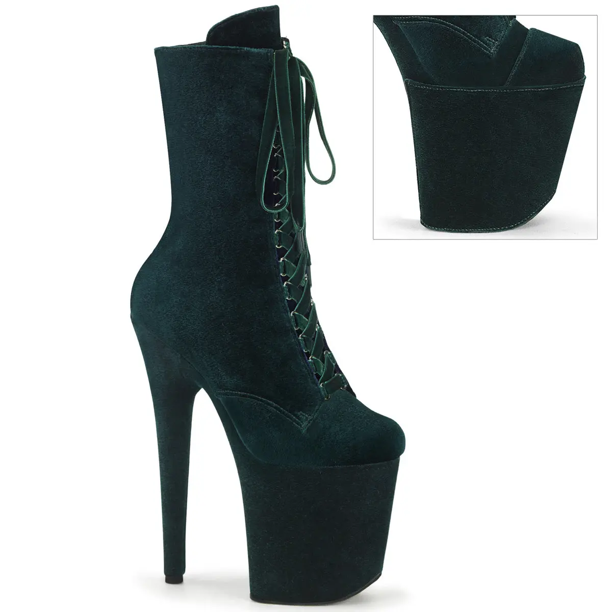 Pleaser Women's Flamingo-1045VEL Green Velvet Platform Ankle Boots, Statement Shoes with an 8-Inch Heel, O-Ring Lace-Up & Side Zip, Footwear, All Seasons, O-Ring Laces, Evening, Avant Garde Fashion