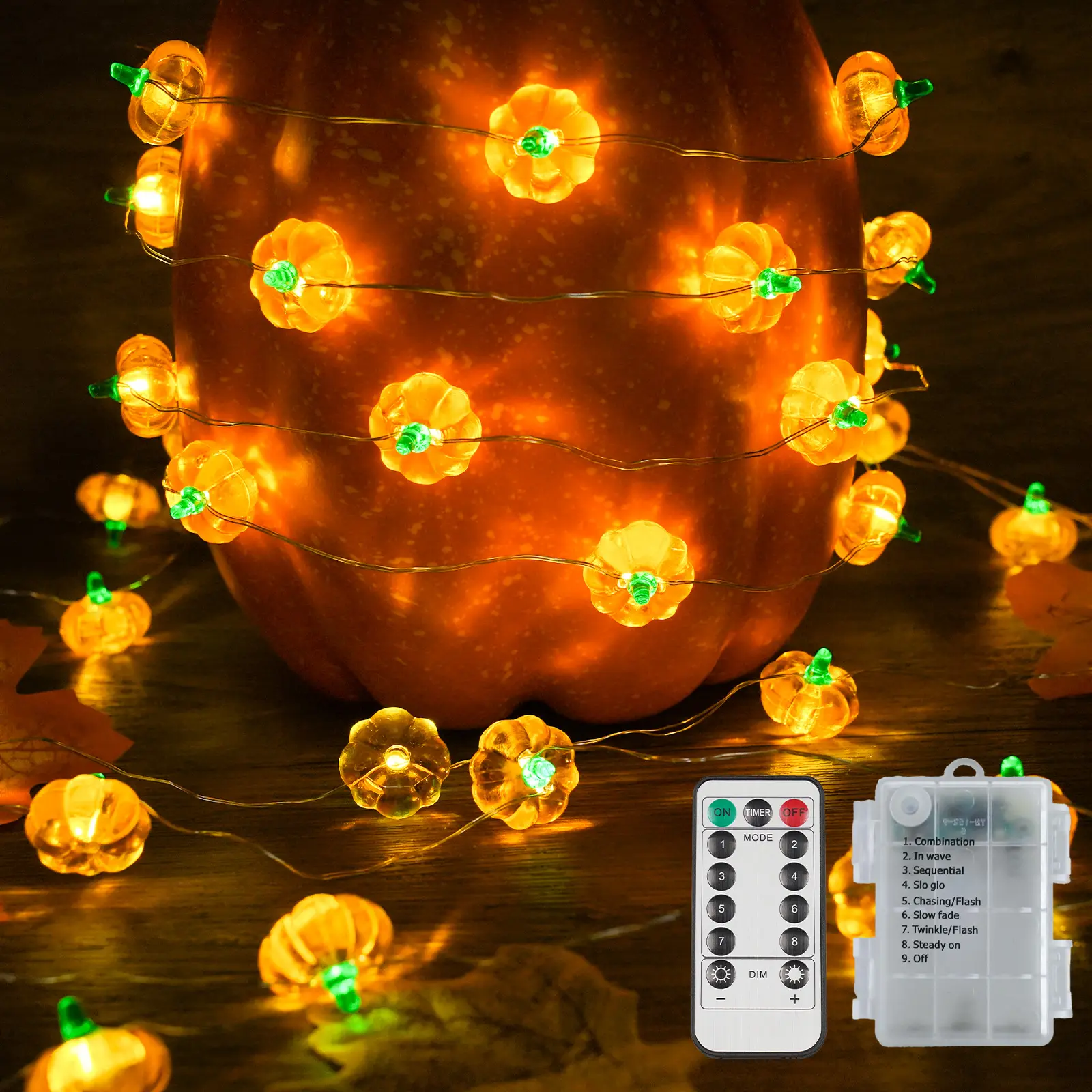 SUDDUS 12.8 ft 40 LED Halloween Pumpkin Lights, battery-operated with timer | 3D pumpkin lights string with remote, 8 modes, fall decorations for indoor spaces, parties, harvest, Thanksgiving