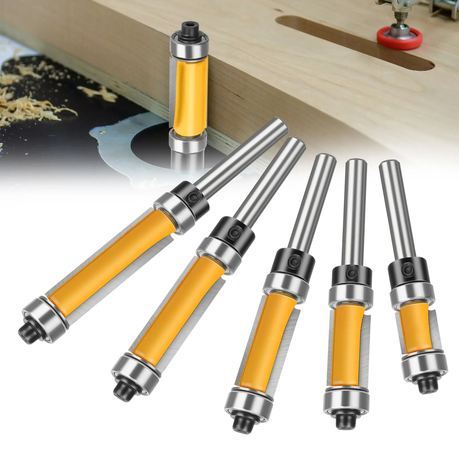 5Pcs 1/4" Shank Flush Trim Router Bit Set - with Top & Bottom Bearing 1/2" & 1-1/2" Cut Diameter,Edge Trimming, Groove Smoothing Tools for professional Woodworking,Construction