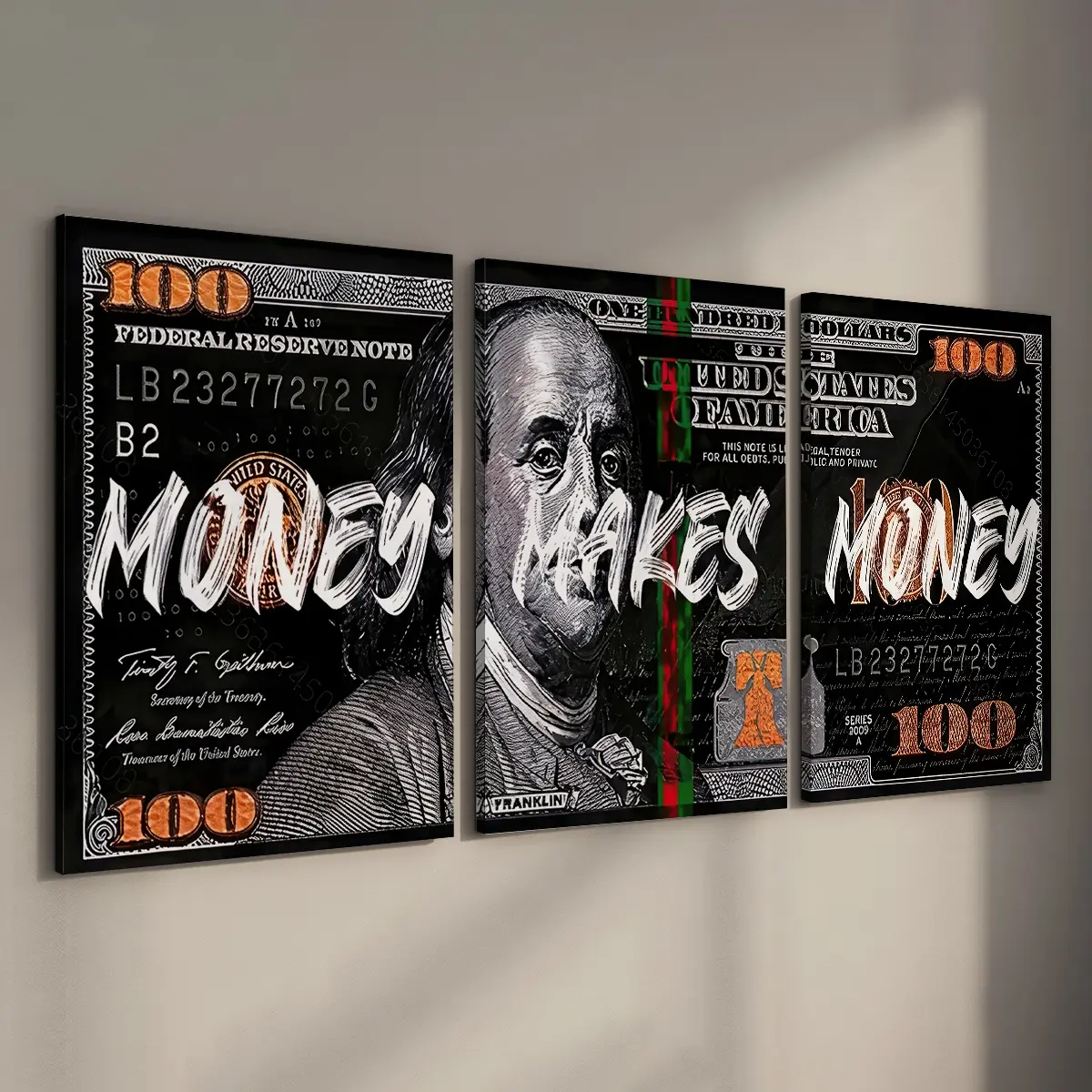 3 Counts/set Wood-Framed "Money Makes Money" Canvas Wall Art Print, Artwork for Walls, Inspirational Dollar Bill Pop Art, Waterproof Ready-to-Hang Wall Decoration for Living Room, Bedroom, Office & Dorm, Perfect Gift for Friends and Family