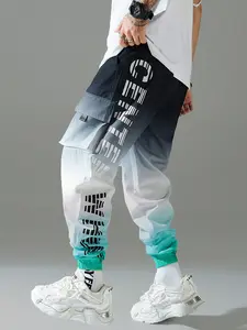 Men’s cargo pants with a drawstring waist, multiple pockets, comfortable fabric, a loose fit, suitable for all seasons, and stylish gradient print legs.