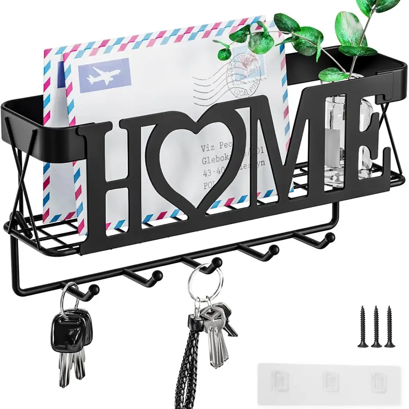 Key Holder for Wall - Key Rack with 5 Key Hooks, Key and Mail Organizer Wall Mount with Key Hanger for Wall, Entryway, Home Decor(Matte Black)