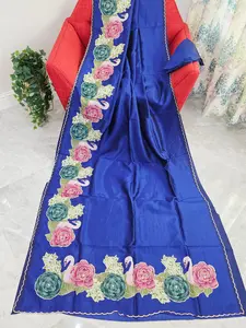 Imperial Royal Blue with Pastel Floral Swan Border Mangalagiri Handloom Silk Cotton Saree with Appliqué Work