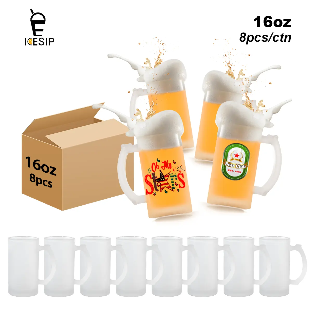 Icesip Sublimation Blank Matte Beer Mug - 8pcs/ctn, 16 oz Glass Drinking Mug with Handle, Custom DIY Gift for New Years Eve, Housewarming