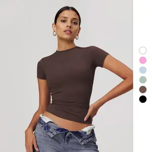 Women's Sports Solid Color Round Neck Short Sleeve Slim Top, Spring & Summer Stretchy Brushed Clothes, Slim-Fitting Quick Drying Yoga Top