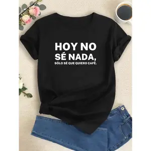 Women's Black Spanish Quote Graphic T-Shirt - "Hoy No Señora" Short Sleeve Crew Neck Top with Geometric Print, Medium Stretch Casual Shirt for Summer & Spring, Machine Washable, Casual Attire, Relaxed Fit Tee, Comfortable Fabric