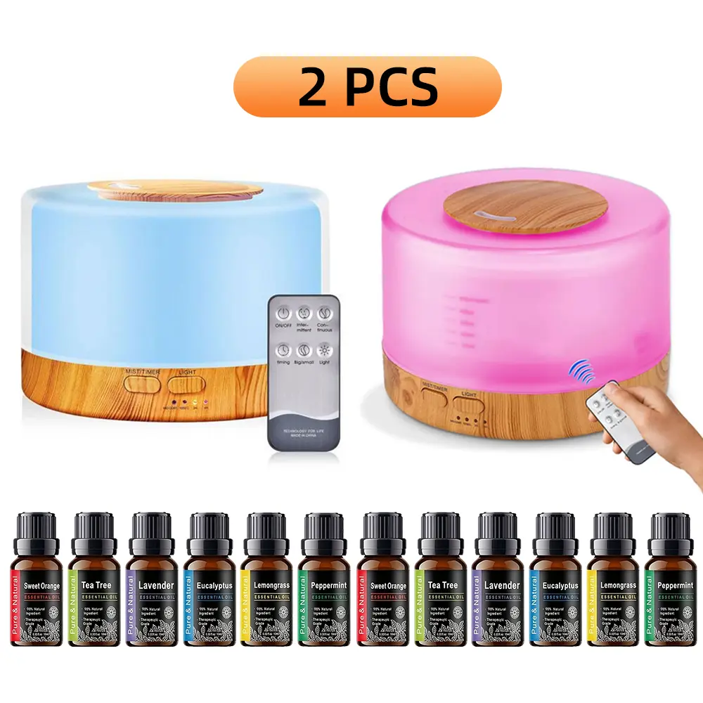 2PCS 500ml Aromatherapy Humidifier with 6 Therapeutic Oils (Lavender, Eucalyptus), 7 Color Lights, Auto-Off, Whisper-Quiet Mist - Bedroom Humidifier for Natural Aromatherapy
