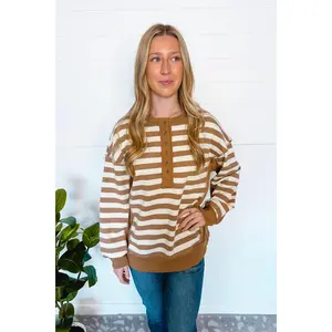 Stylish Staple Striped Henley Top - Taupe