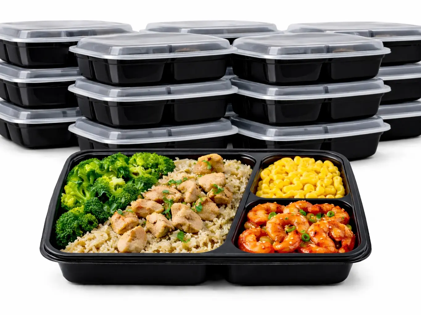 34oz 3 Compartment Meal Prep Containers with Lids, 50 Pack Black Plastic Food Storage Trays, Microwave Freezer Safe Disposable Bento Lunch Boxes for Meal Prep, Takeout and Portion Control