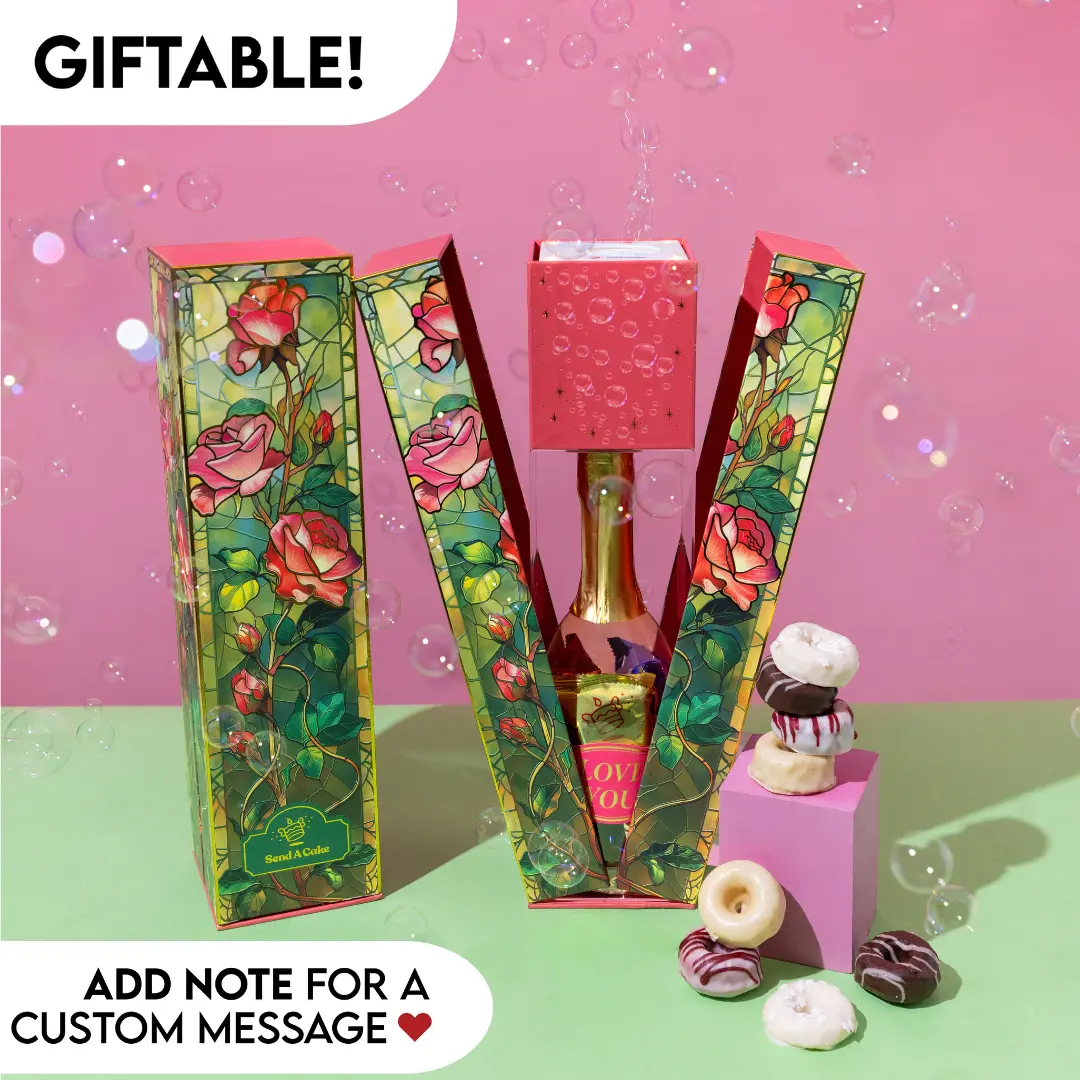Rose Bubble Box By Send A Cake - A beautiful and unique gift featuring a delightful surprise of flying bubbles, a variety of cake donuts, and a gorgeous box! - Great for loved ones, anniversaries, or any other special celebration!