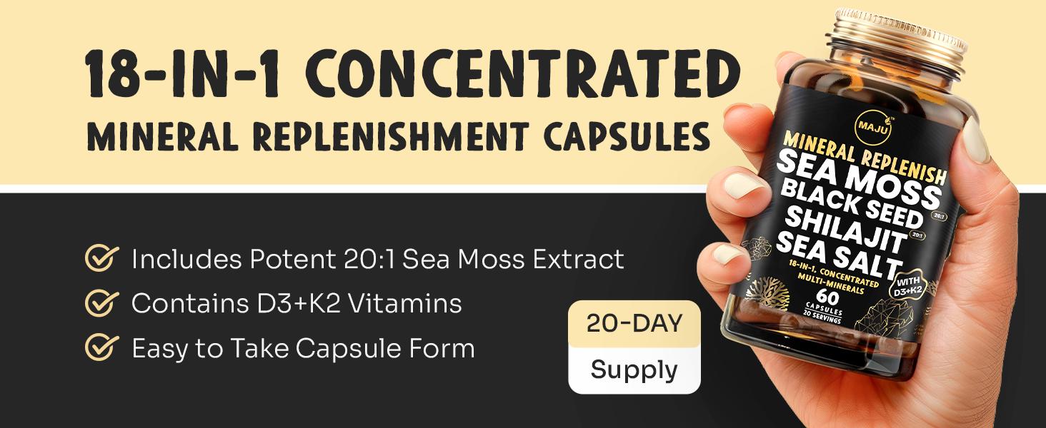 MAJU 18-in-1 Mineral Replenish Capsules (60ct) - Concentrated Dietary Supplement w/ 20:1 Sea Moss Extract Natural Superfood Nutraceuticals Healthcare Fitness Edible