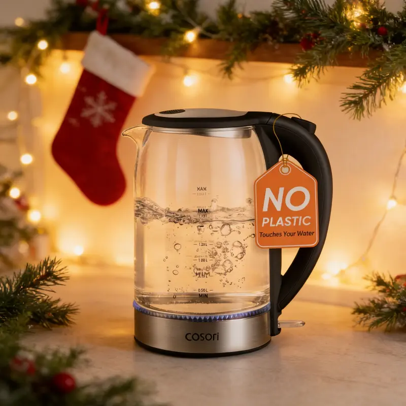 COSORI Electric Glass Kettle, 1.8Qt/1500W, No Plastic Filter & Spout, Auto Shut Off, Black, Hot Water Boiler for Coffee&Tea, College Dorm Essential GK-172/173, valentinesdaygift