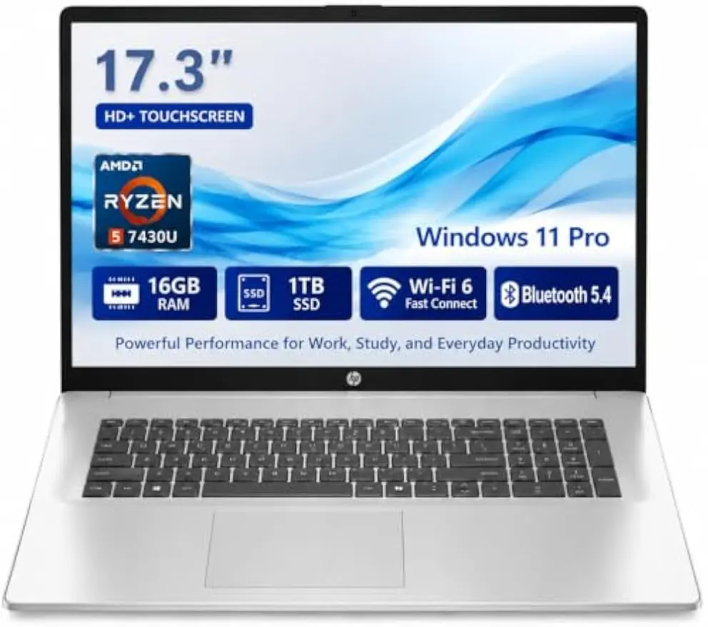 HP 17.3" HD+ Touchscreen Laptop with Built-in Anti-Glare Coating, AMD Ryzen 5 7430U, 16GB RAM, 1TB SSD, Wi-Fi 6 Fast Connect, Bluetooth 5.4, Windows 11 Pro, Laptops for Business Users