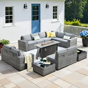 【Summer Vibes】OVIOS 13-Piece Outdoor Patio Furniture Set with 54" Fire Pit Table, Wicker Sectional Sofa with Wide Armrests, Conversation Set with Cushions for Backyard Patio Porch Deck Garden Balcony OutdoorSeating
