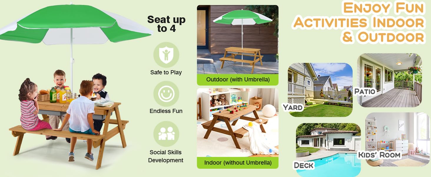 Costzon Kids Picnic Table w/Height Adjustable Umbrella,Indoor & Outdoor, Sand & Water Table for Garden, Backyard, Patio, dealsforyou