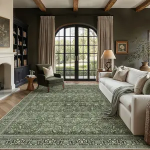 Green Washable Large Faux Cashmere Rugs with Non-Slip Backing,Soft Boho Carpets for Bedroom Dining Room Home Office Indoor Nursery