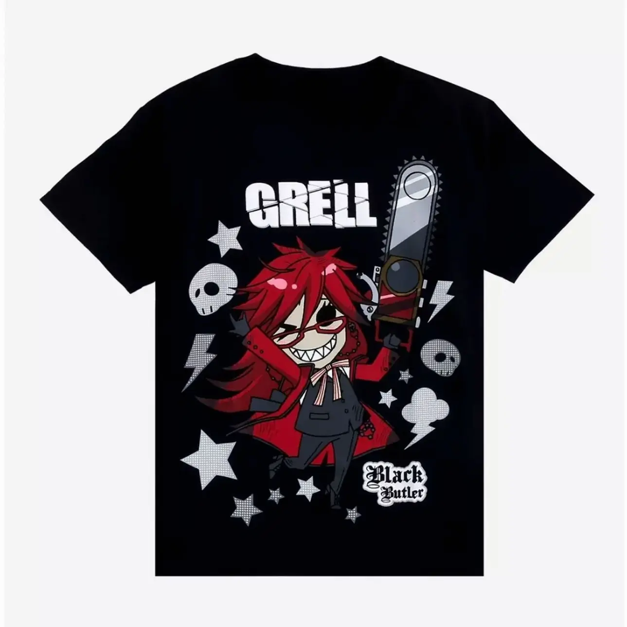 Black Butler Grell Chibi T-Shirt, Anime Graphic T-Shirt, Japanese Manga Streetwear Tee, Retro Otaku Gift for Men Women