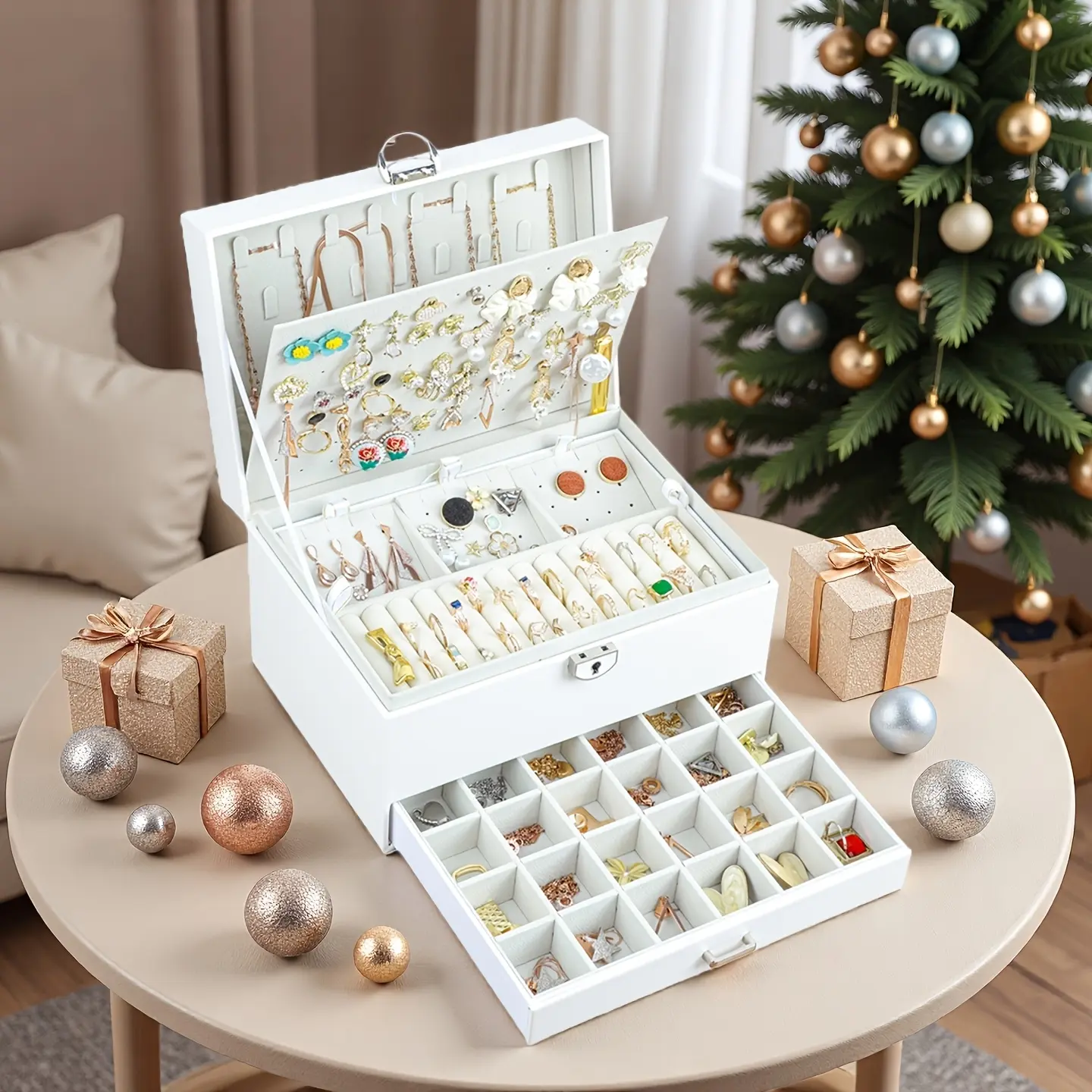 BOOVO 2-layer women's jewelry box with 24 ring slots and 6 bracelet holders, made of PU leather. A great gift choice for women. Drawer Organiser