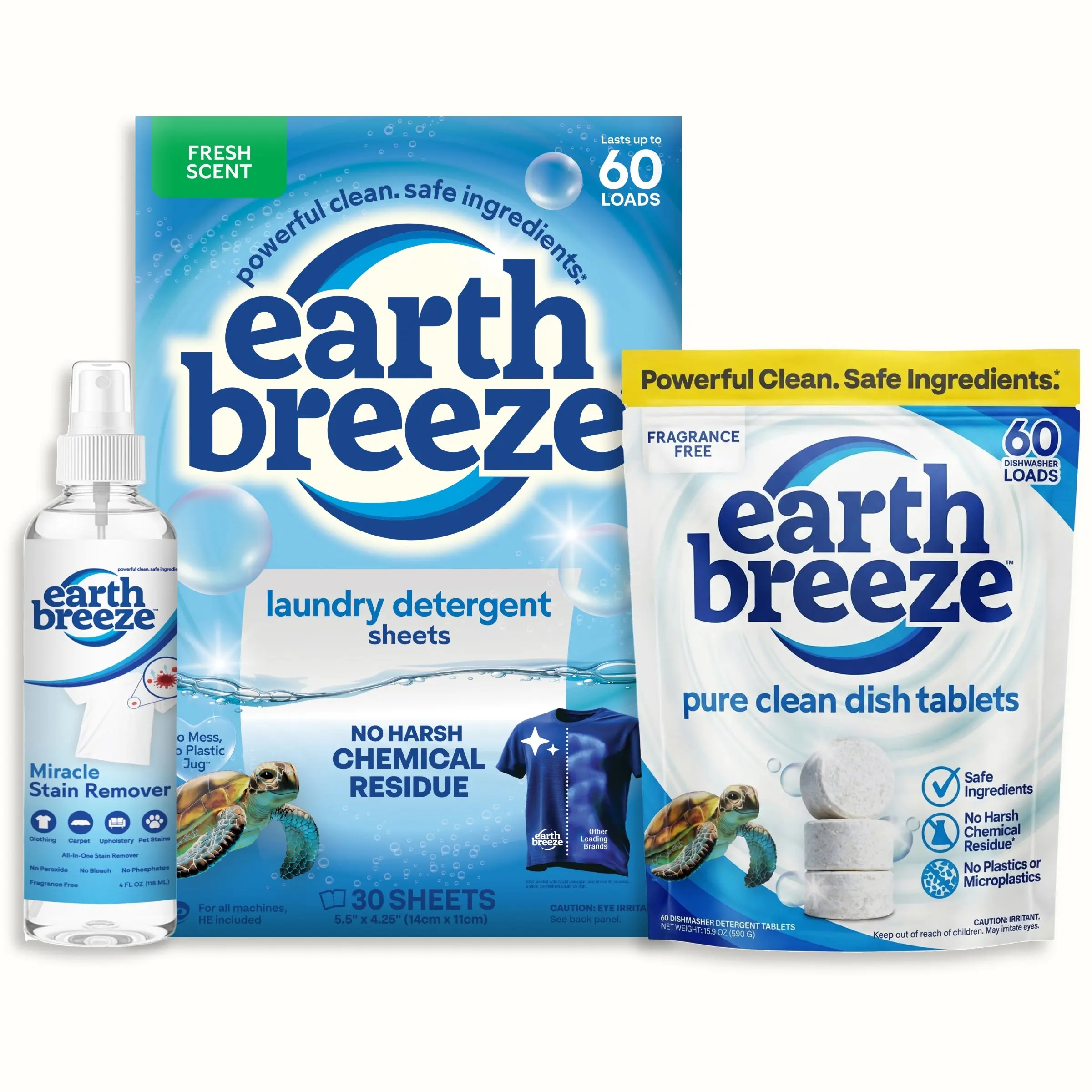 Earth Breeze Clean Home Trio Eco-Friendly Cleaning Kit: Laundry Detergent Sheets, Miracle Stain Remover Spray, Dishwasher Detergent Tablets - Fresh Scents, Non-Chemical, All-Purpose Cleaners, Residue-Free Household Supplies