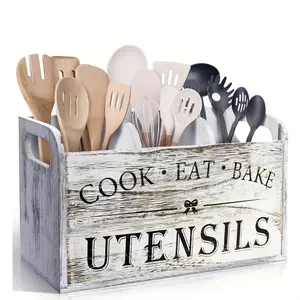 Wooden Kitchen Utensil Holder, 3-compartment Storage Box, Countertop Organizer, Kitchen Accessories for Cook, Eat, Bake Tools, Racks