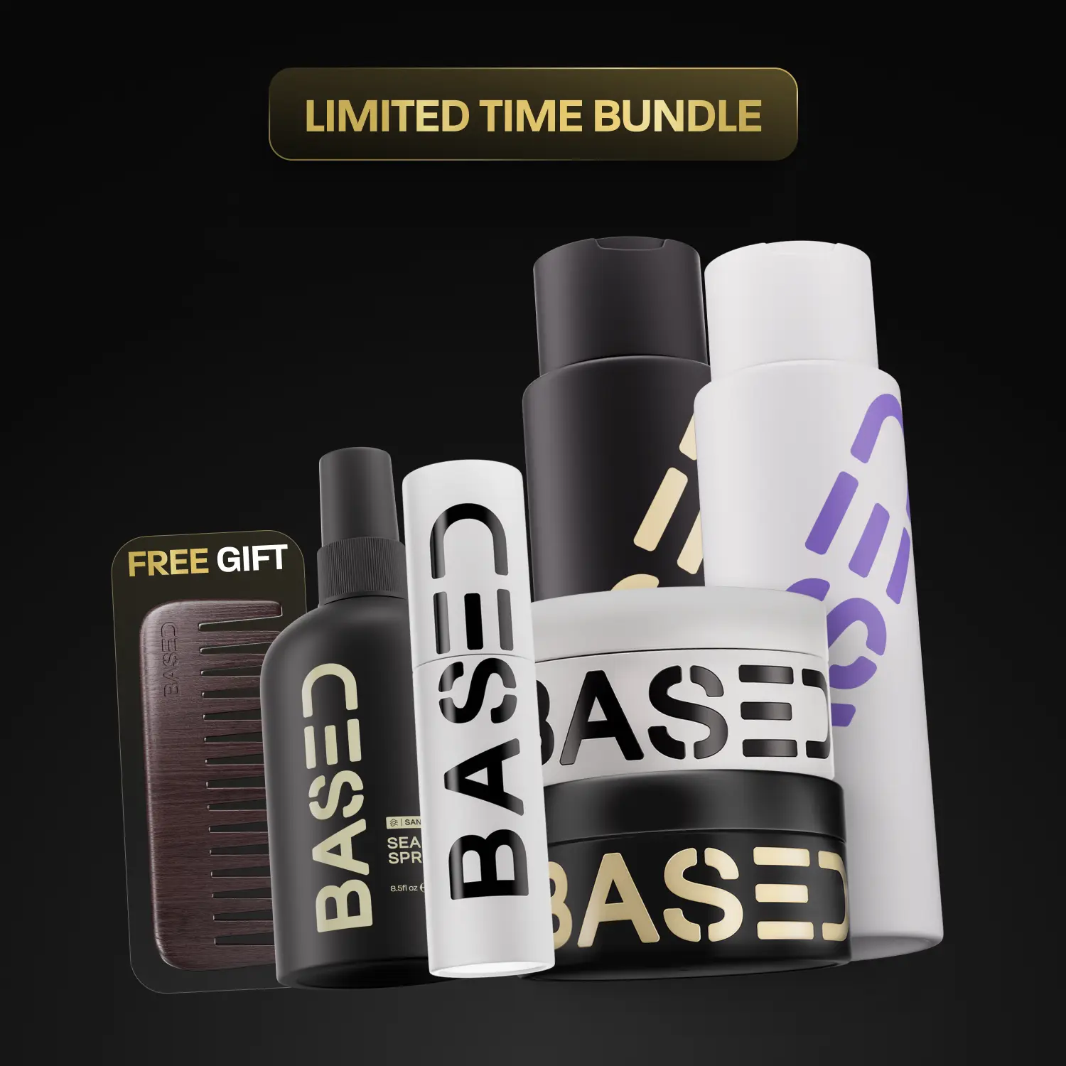 BASED Deluxe Straight/Wavy Hair Kit | Shampoo, Conditioner, Texture Powder, Hair Clay, Pomade, Sea Salt Spray + Wooden Comb | Science-Backed, High Performance