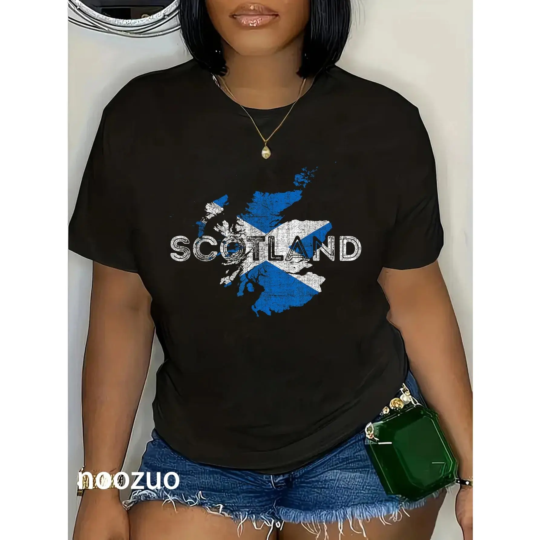 Women's 100% Cotton Retro Scotland Map Graphic Short Sleeve Round Neck Casual T-Shirt - Washed Distressed, Street Style, Wide Range of Sizes for Everyday Wear, Vintage