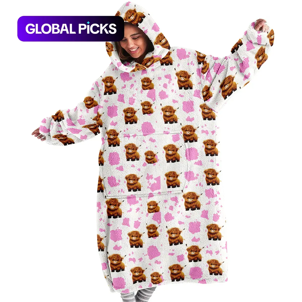 Cute Highland Cow Print Wearable Blanket Hoodie, Warm Cozy Unisex Loungewear Sweatshirt Blanket Hooded Sweatshirt Blanket for Adults, Holiday Gift for Christmas and Valentine’s Day Hooded Blankets #GLOBAL PICKS