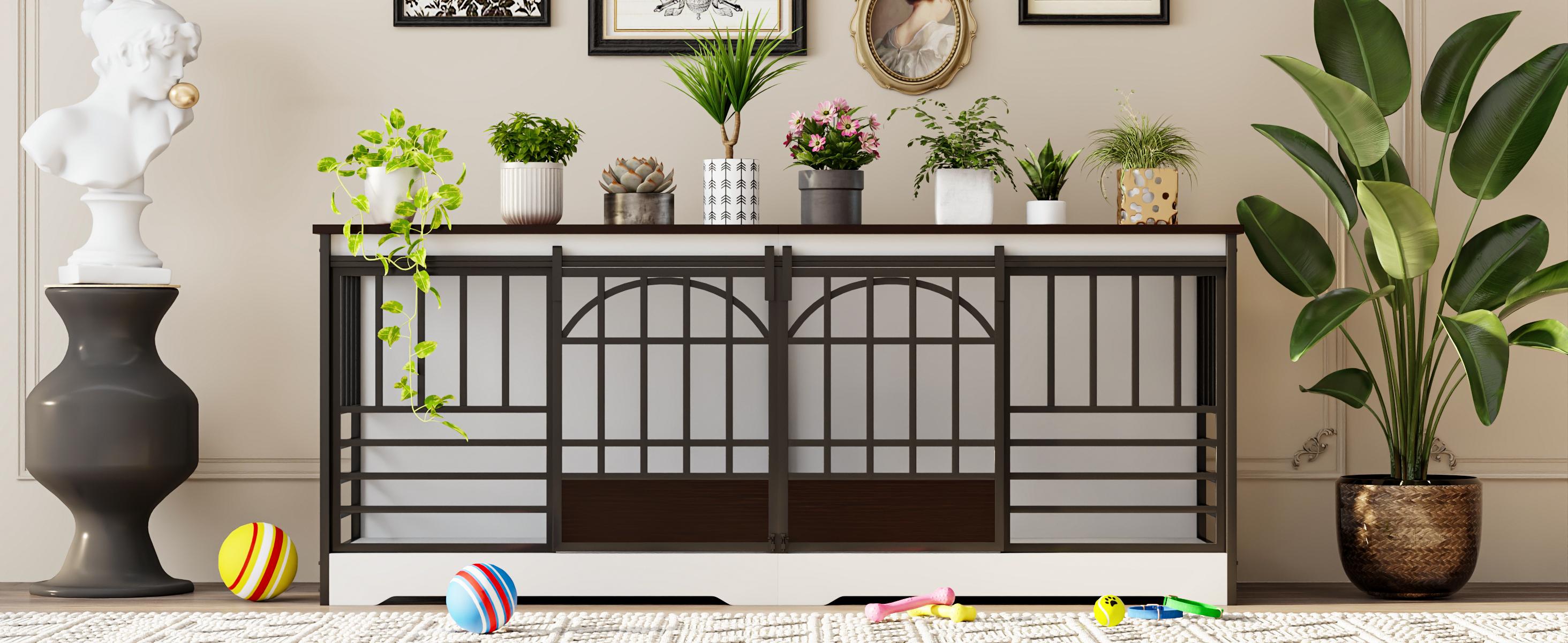 78 Inch Double Dog Crate Furniture, Heavy Duty Extra Large Cage Furniture with Divider for 2 Dogs, Decorative Wooden and Steel Kennel Furniture Indoor, Pet House for Medium,Large Dogs,White