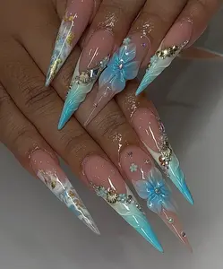 Ocean Breeze Fantasy Press On Nails 3D Blue Floral and Shell Charms Mermaidcore Aqua Ombre Handmade Long Stiletto Nails