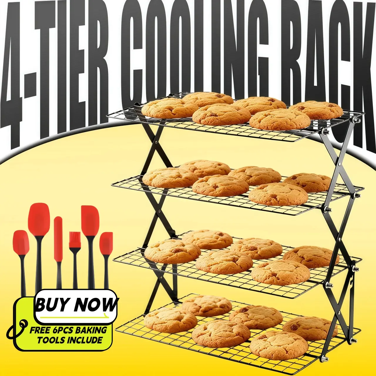4-Tier Foldable Cooling Rack Bakeware Set with Free 6-Piece Baking Tools, Stackable Wire Rack for Baking Trays, Adjustable Settings, Ideal for Baking Supplies, Camping, Barbecue