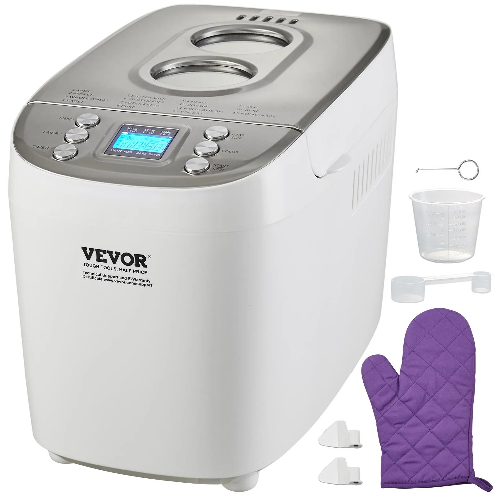 【Summerfinds】VEVOR Bread Maker 15-in-1 3LB Dough MachineNonstick Ceramic Pan Automatic Breadmaker with Gluten Free SettingWhole Wheat Bread MakingDigitalProgrammable3 Loaf Sizes3 Crust ColorsWhite, Bread Maker Machine, Kitchen Appliances