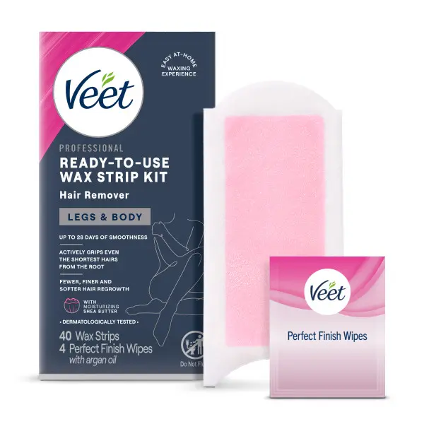 Veet Dermatologically Tested 2-Sided Ready-to-Use Wax Strip Kit, 20 Strips for Legs & Body, Easy Hair Removal Body Care Home Waxing Set Complete Waxing Kit, Cosmetic, At Home Waxing, Bikini Hair Removal, Gentle Waxing