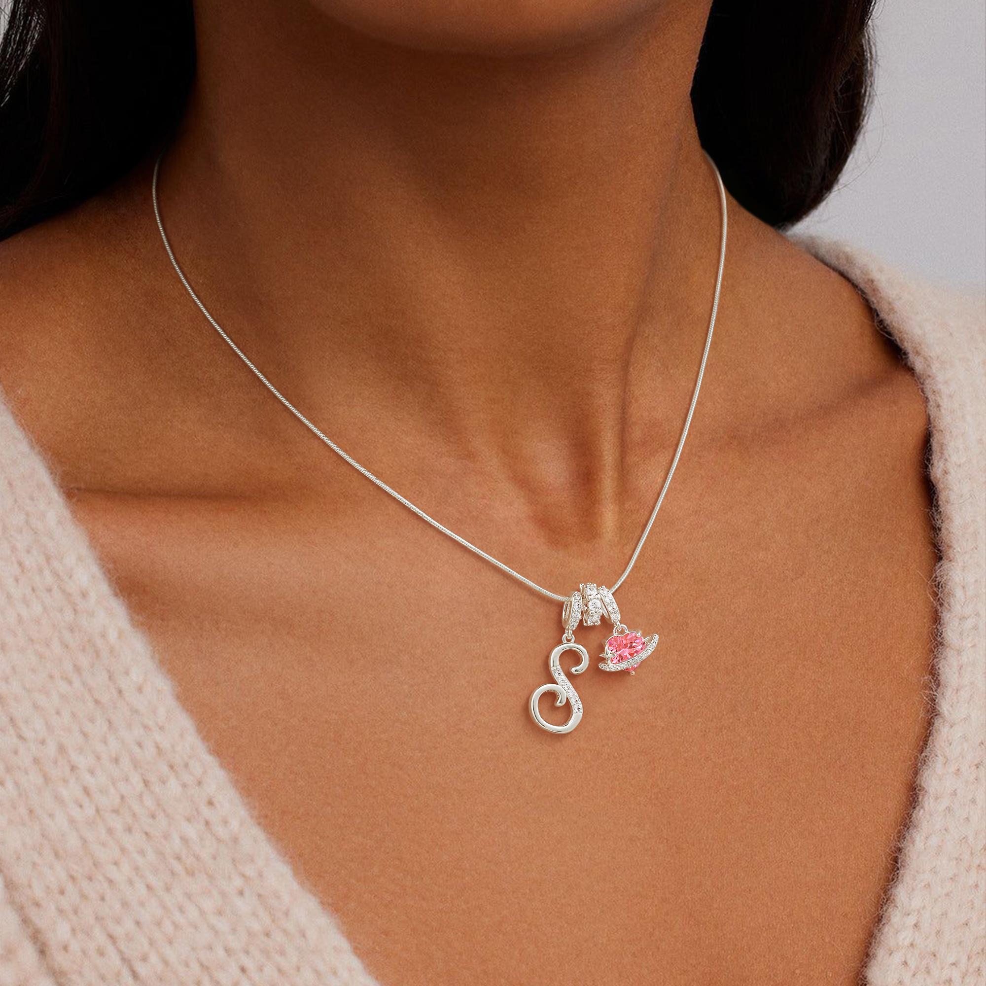 Tewiky 925 Silver 3-Layering Initial A-Z LetterPendant Necklaces for Women Snake Chain Choker Pink Heart Zircon Adjustable Length Necklace Jewelry For Valentine's Day gifts