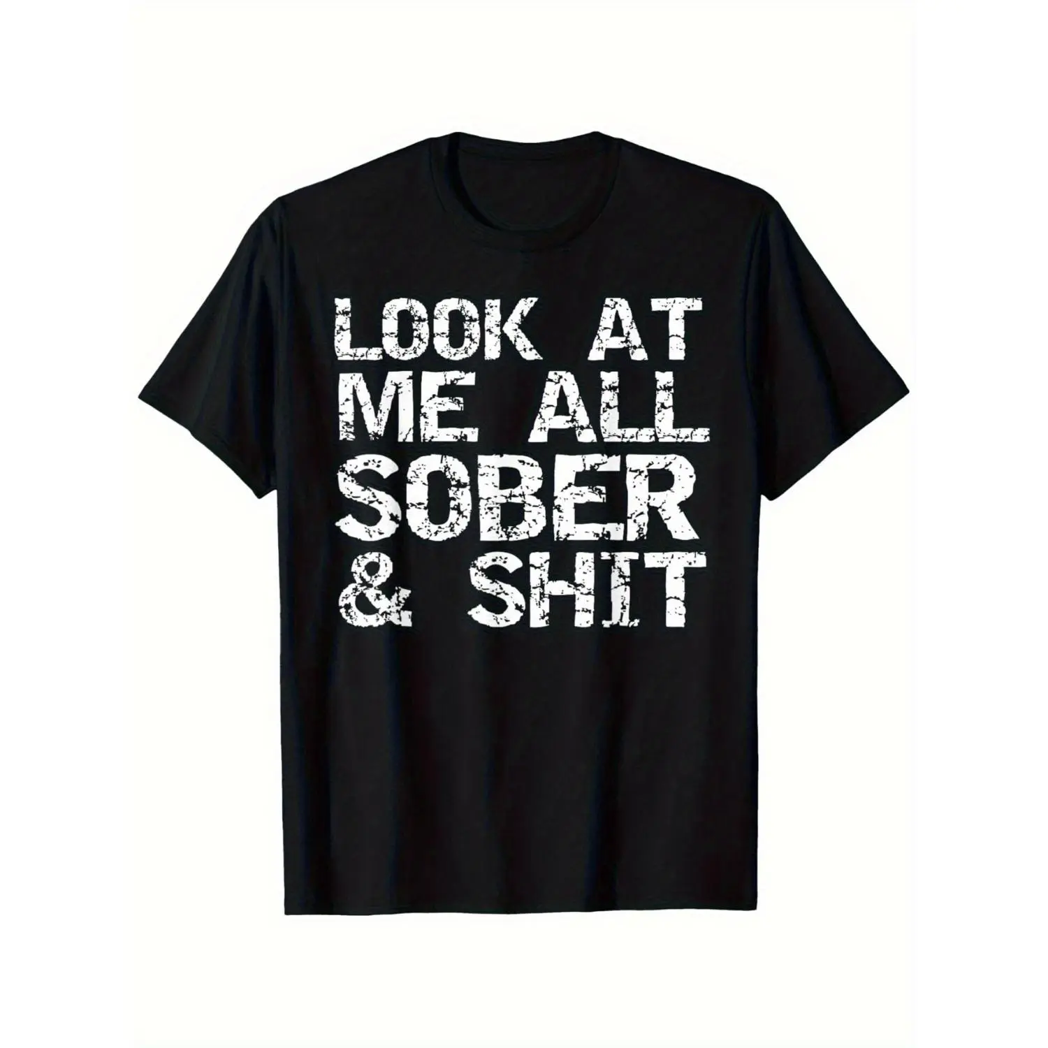 Classic Oversized Menswear Short-Sleeve Sobriety Apparel T-Shirt - "Look at Me" Addiction Recovery Tee, Black with White Text