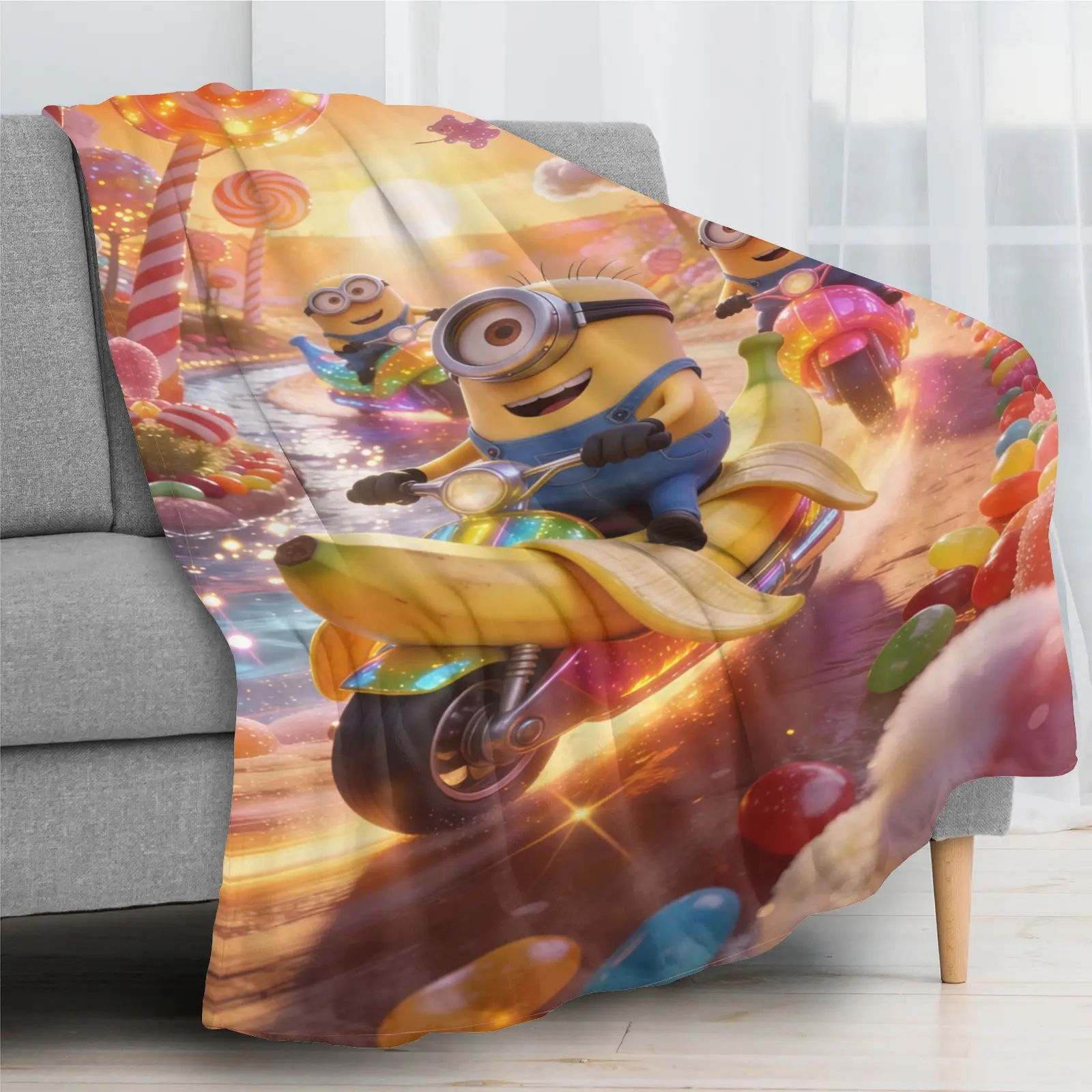 Candy Land Minions Banana Scooter Pastel Sunset Flannel Throw Blanket Despicable Me Lollipop Jelly Bean Kawaii Cartoon Sofa Kids Bedroom Dorm Decor Gift For Minions Fans Boys Girls