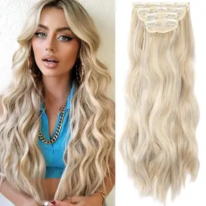 Clip in Synthetic Hair Extensions Long Wavy 4PCS Thick Hairpieces Blonde Mixed Bleach Blonde Fiber Double Weft Natural Hair Extensions 20 Inch for Women instant volume