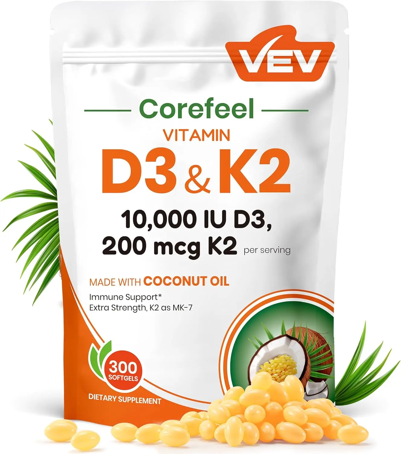 High Potency D3 K2 MK7 Softgels Coconut Oil Bone Wellness Adult Daily Vitamin Supplement 300 Softgels
