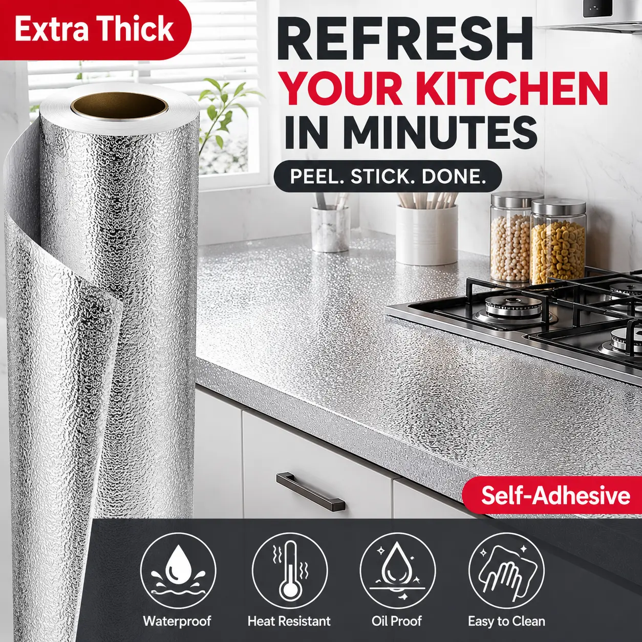 Aluminum Foil Contact Paper Self Adhesive Kitchen Countertop Cover, Waterproof Oil Proof Heat Resistant Peel and Stick Shelf Liner