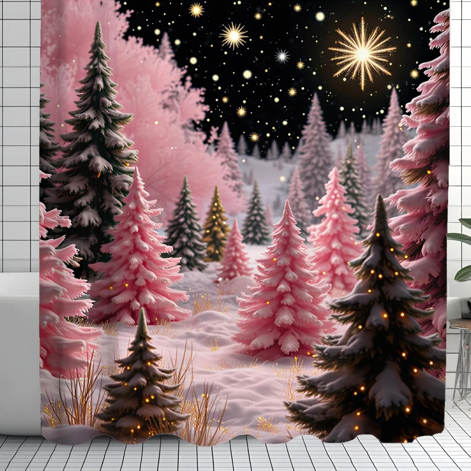 Thick Decorative Christmas Blush Pink Snowy Pine Tree Shower Curtain Set, 66x72 in High-End Elegant Bath Divider with 12 Metal Hooks, Prevents Clinging to Body, Shower Curtain Sets