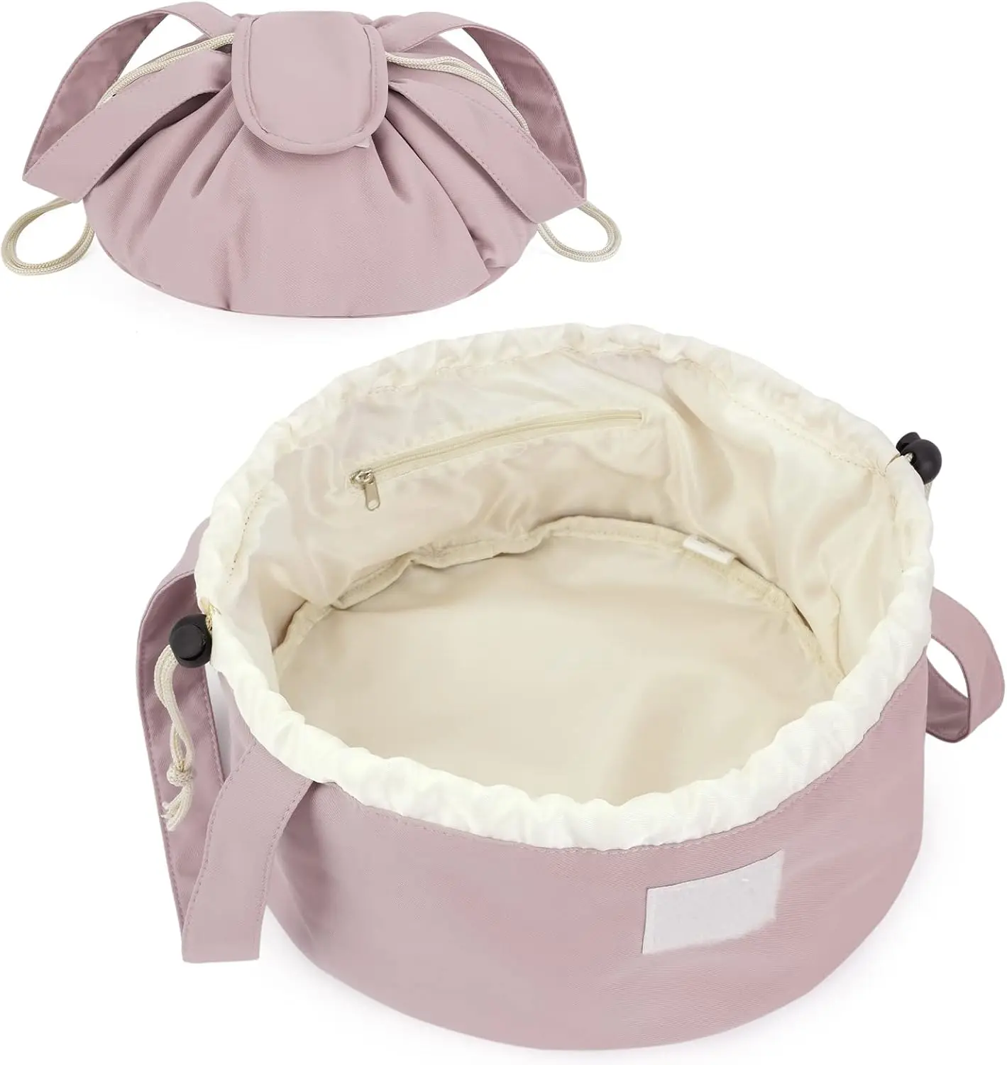 Lay Flat Open Drawstring Makeup Bag, Large Cosmetic Bag for Women Girls, Cute Make up Bags with Handle, Portable Travel Toiletry Bag for Skincare, Brushes & Travel Essentials