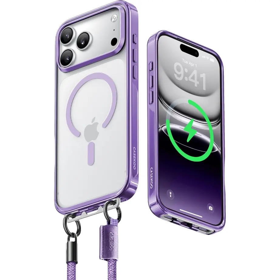 CASEKOO Glossy Magnetic Linkoo Case with Strap 2026 New iPhone 17/16 Pro Max Case, Patented ClipSafe: Built-in Foldable Hidden Tab, Anti Theft Strap, Summervibes, Aluminum Alloy Lens Protection, Clear Back Case, Silver Frame, Orange