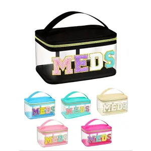 Velvet Letter Patch Wash Bag, Transparent Travel Medicine Storage Bag, Nylon Zipper Makeup Bag, Suitable for Patients and Nurses, Travel Cosmetic Bags